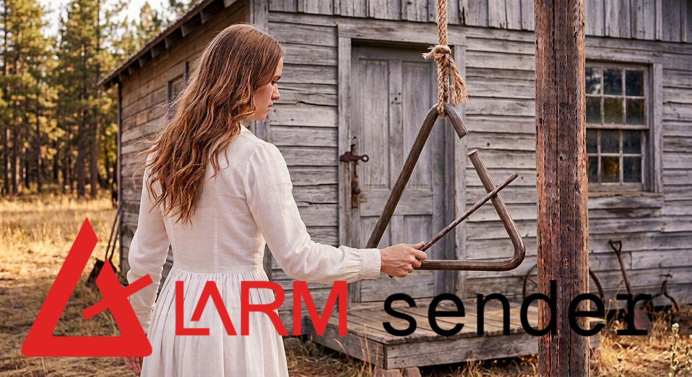 Someone striking a dinner triangle outside a cabin, under the Alarm Sender wordmark